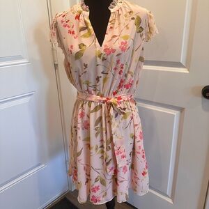 CeCe Pink Floral Tie-Waist Midi Dress